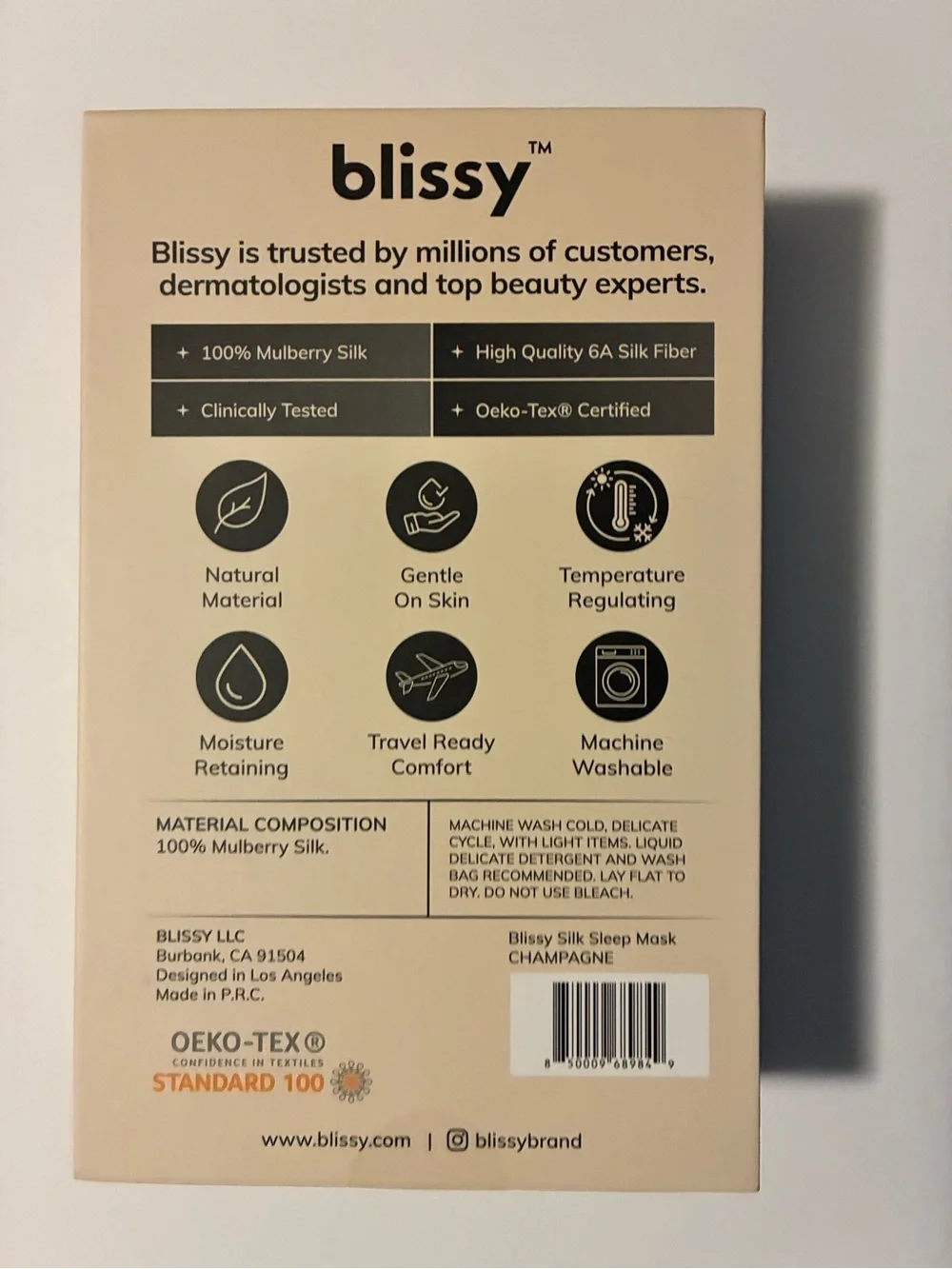 Blissy 100% Mulberry Silk Sleep Mask – Champagne – New/Sealed